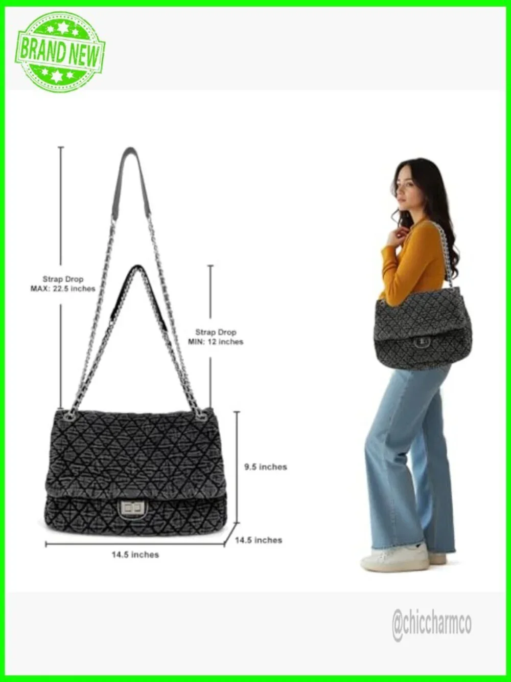 Large Quilted Denim Hobo Bag with Chain Straps, Crossbody Tote